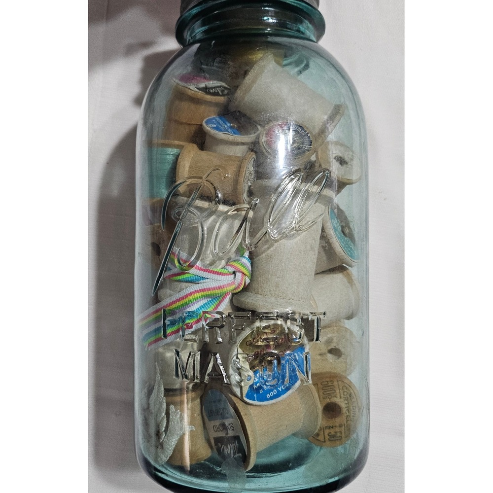 Vintage Aqua Blue Ball Perfect Mason Jar with Wooden Thread Spools Zinc Lid‎